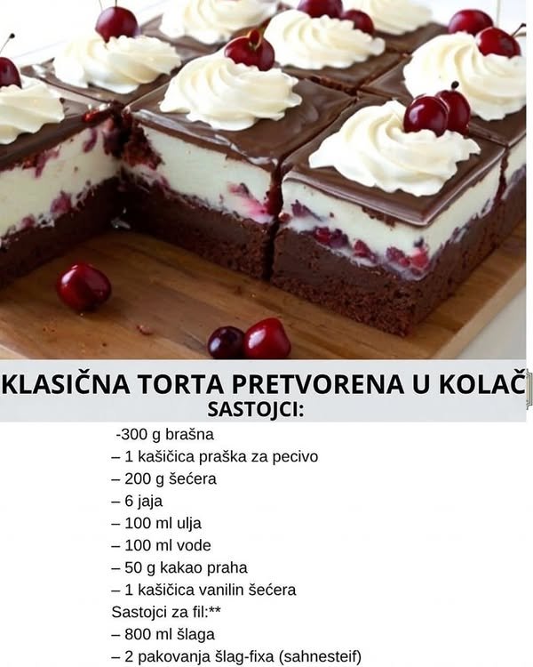 KLASIČNA TORTA PRETVORENA U KOLAČ…. sočan čokoladni biskvit, sveže višnje i vazdušasti šlag.