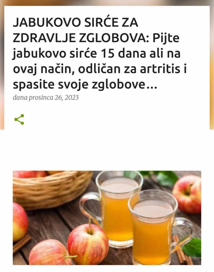 JABUKOVO SIRĆE ZA ZDRAVLJE ZGLOBOVA: Pijte jabukovo sirće 15 dana ali na ovaj način, odličan za artritis i spasite svoje zglobove…