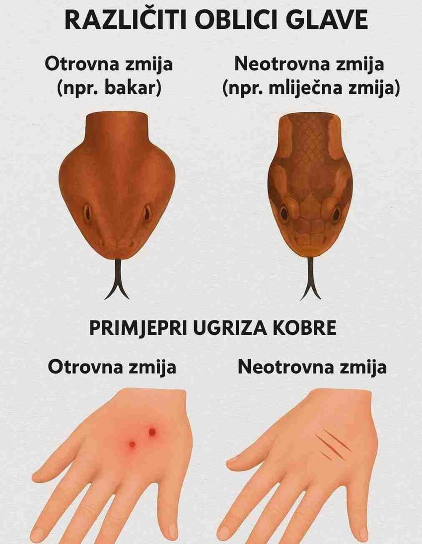 1️⃣ Oblik glave Otrovne zmije obično imaju trouglastu glavu, širu na prednjem dijelu, dok bezopasne zmije uglavnom imaju ovalnu ili zaobljenu glavu. 2️⃣ Tragovi ugriza Otrovan ugriz ostavlja jedan ili dva duboka uboda, često praćena otokom i jakim bolom. Bezopasne zmije obično ostavljaju nekoliko manjih ogrebotina u obliku slova U, koje su mnogo manje bolne. 3️⃣ Neposredne mjere opreza Nikada ne pokušavajte uhvatiti ili pritisnuti životinju. U rizičnim područjima nosite visoke čizme i rukavice. Ako vas zmija ugrize ili ugrozite njen prostor, ostanite smireni i odmah potražite medicinsku pomoć. 4️⃣ Česte greške Ne oslanjajte se samo na oblik glave, jer neke bezopasne vrste imitiraju opasne. Uvijek se obratite ljekaru ako sumnjate na ugriz otrovnice. 5️⃣ Rizične situacije Susreti su češći na početku kišne sezone u tropskim krajevima. U urbanim područjima budite oprezni u blizini vrtova, gomila drveta, kamenih zidova i guste vegetacije. 6️⃣ Zaštitna oprema Zaštitne naočale, šešir, kožne čizme, čvrste rukavice, baterijska lampa za noćne šetnje i telefon ili kamera za snimanje životinje sa sigurne udaljenosti. 🌿 Pažljivo posmatranje, održavanje distance i mudro postupanje ključ su lične sigurnosti i očuvanja divljeg svijeta.