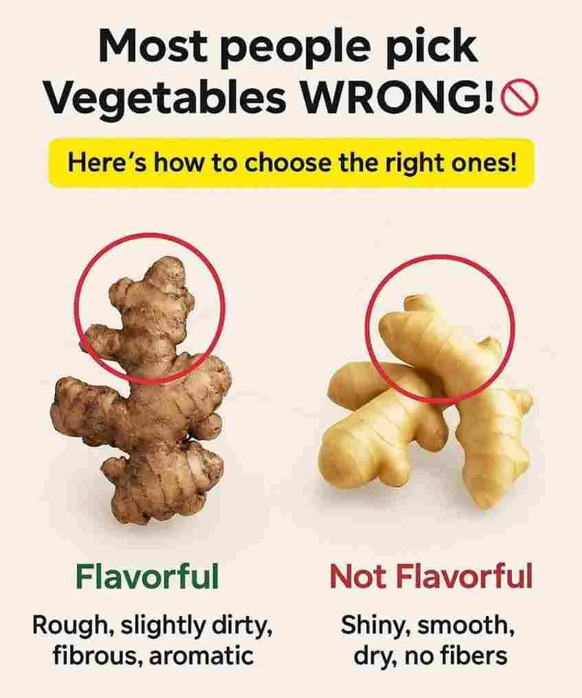🚫 Izbjegavajte slab i bezukusan đumbir: • Glatka, sjajna ili previše čista površina. • Suha tekstura, bez vlakana. • Slab ili nikakav miris. Iako na prvi pogled djeluje “savršen”, takav đumbir je često stariji i izgubio je većinu svog ukusa — zbog čega jela ispadaju bljutava i bez arome. 🌿 Savjet stručnjaka: Uvijek birajte povrće koje izgleda pomalo nesavršeno. Prirodne “grubosti” i nepravilnosti najčešće znače da je proizvod svježiji, hranjiviji i mnogo ukusniji! 🍃