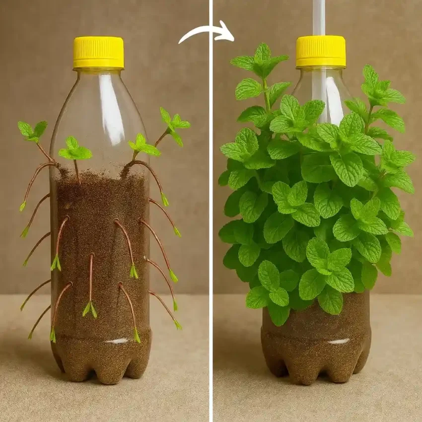 Uzgojite mentu iz reznica u visećim plastičnim bocama – ideja za uštedu prostora u vrtu! 🌿