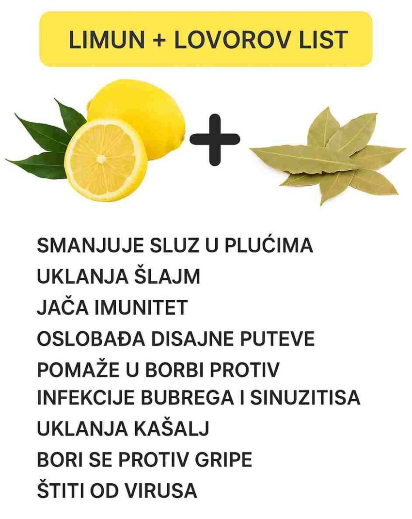 Priroda nam nudi jednostavne, ali moćne kombinacije koje mogu značajno poboljšati naše zdravlje. Jedna od njih je spoj limuna i lovorovog lista – sastojci koji se od davnina koriste u narodnoj medicini. Zajedno djeluju snažno na disajne puteve, jačaju imunitet i pomažu organizmu da se izbori s raznim tegobama. Ova mješavina je posebno korisna u sezoni prehlada i gripe, kada su pluća i sinusi najviše opterećeni. Redovna upotreba može olakšati disanje, smanjiti iritacije i zaštititi tijelo od virusa. ✅ Glavne prednosti limuna i lovorovog lista: 1️⃣ Pomažu u čišćenju sluzi iz pluća 2️⃣ Podržavaju uklanjanje šlajma 3️⃣ Jačaju imuni sistem i olakšavaju zagušenje 4️⃣ Ublažavaju rinitis i sinusitis 5️⃣ Smiruju kašalj i pomažu u prevenciji gripe 6️⃣ Prirodno štite od određenih virusa ✨ Limun i lovorov list jednostavno se mogu uključiti u svakodnevnu rutinu – kroz čajeve, inhalacije ili prirodne pripravke. Ova moćna kombinacija podsjeća nas da su često najbolji lijekovi upravo oni koje nalazimo u vlastitoj kuhinji. 🌿