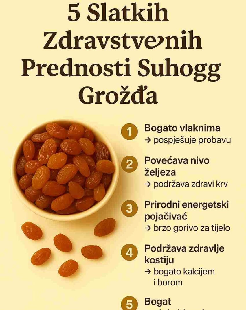 Suhog grožđe, poznato i kao grožđice, prirodna je poslastica koja krije nevjerovatne koristi za vaše zdravlje. Osim što zadovoljava želju za slatkim, ovaj mali, sušeni plod sadrži brojne hranjive tvari koje pomažu tijelu da ostane snažno i energično. Redovno konzumiranje grožđica može doprinijeti boljoj probavi, jačem imunitetu i zdravijoj koži. One su jednostavan, prirodan dodatak prehrani koji možete jesti samostalno ili dodati u razne obroke poput muslija, kolača i salata. 🌿 🍇 Glavne Prednosti Suhog Grožđa 1️⃣ Puno vlakana – Pomaže probavi i održava zdravlje crijeva. 🌿 2️⃣ Povećava nivo željeza – Podržava stvaranje zdrave krvi i sprječava umor. 💪 3️⃣ Prirodni izvor energije – Brzo puni tijelo i um snagom. ⚡ 4️⃣ Jača kosti – Bogato kalcijem i borom, važnim za čvrstoću kostiju. 🦴 5️⃣ Prepuno antioksidansa – Štiti ćelije od oštećenja i starenja. 🛡️ 🌟 Slatki izvor snage i vitalnosti Samo šaka grožđica dnevno može napraviti razliku! Daju vam prirodnu energiju, pomažu u jačanju imunološkog sistema i pružaju zdravi način da zadovoljite želju za nečim slatkim. Zato sljedeći put kada poželite grickalicu – posegnite za šakom suhog grožđa i uživajte u spoju zdravlja i prirodne slatkoće. 🍇✨