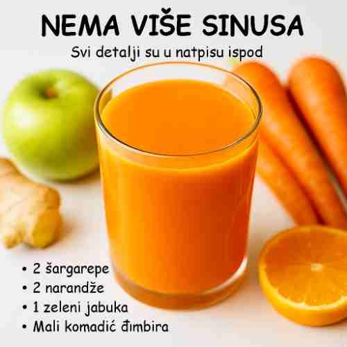 2 srednje mrkve (oguljene i nasjeckane) 2 narandže (oguljene) 1 zelena jabuka (bez koštice) Komadić svježeg đumbira od 2,5 cm (oguljen) 🌀 Koraci: Dodajte sve sastojke u sokovnik ili brzi blender. Blendajte dok ne postane glatko. Ako blendate, procijedite kroz fino sito ili krpu za mlijeko od orašastih plodova. Sipajte u ohlađenu čašu i poslužite svježe. ⚠️ Sigurnost i savjeti: Pijte jednom dnevno ujutro tokom 5-7 dana. Đumbir može biti jak – počnite sa 1,5 cm ako ste osjetljivi. Nije pogodno na prazan želudac za osobe s kiselinom ili čirom. ✨ Bonus savjet: Dodajte prstohvat crnog bibera ili kurkume kako biste pojačali protivupalni učinak i brže isperili sluz! Odricanje od odgovornosti: Ovaj sok pomaže u ublažavanju sinusa, ali nije zamjena za propisane lijekove. Uvijek se posavjetujte s ljekarom ako simptomi potraju. Ako niste sigurni, testirajte sastojke na alergije.