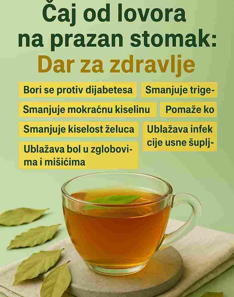 Čaj od lovorovog lista je jedno od onih skromnih, a vrlo djelotvornih prirodnih rješenja koje se koristi generacijama. Kada se pije na prazan stomak, ovaj topli biljni napitak nježno poboljšava probavu, smanjuje višak mokraćne kiseline i može pomoći u održavanju normalnog nivoa šećera i holesterola u krvi. Njegova umirujuća aroma i blag ukus čine ga lakim dodatkom svakodnevnoj rutini. Osim što podržava probavu, čaj od lovora ima i snažna antiupalna svojstva. Pomaže kod bolova u mišićima i zglobovima, dok istovremeno podržava prirodnu detoksikaciju organizma. Za mnoge ljude, ovaj jednostavan kuhinjski sastojak djeluje kao prirodni tonik – usklađuje tijelo iznutra i jača opće zdravlje. 🫖 Sastojci (Za 1 šalicu) 2–3 lovorova lista 1 šalica vode Med ili limun (po želji) 🌅 Kako pripremiti i koristiti Prokuhajte vodu, dodajte lovorove listove i ostavite da lagano vriju 5–7 minuta. Procijedite i pijte toplo. Konzumiranje ujutro, na prazan stomak, omogućava tijelu da najbolje iskoristi sve njegove prednosti. Učinite ga dijelom svog jutarnjeg rituala. Jednostavna šolja čaja od lovora može biti vaš mali dnevni trenutak mira, iscjeljenja i prirodne ravnoteže — navika koja donosi dugoročne koristi. 🍃☕