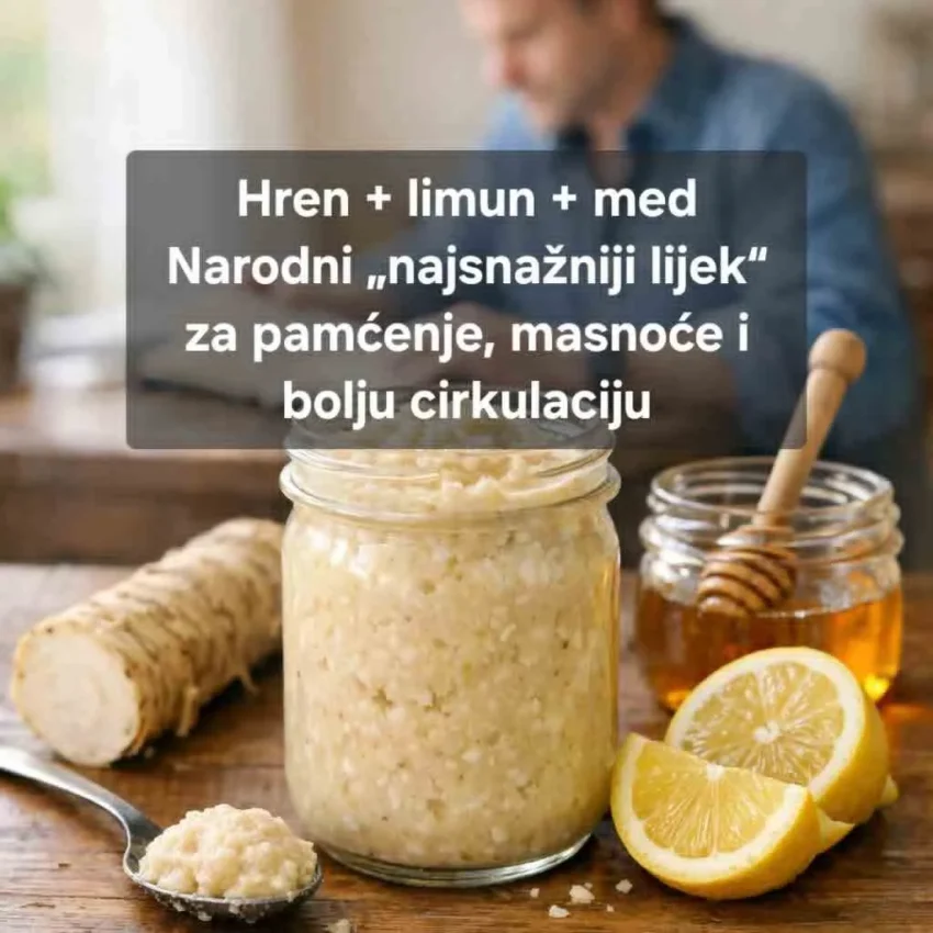 Hren Brainberries now This Year Was A Scandal Magnet — These Stars Made It Worse 898 × snažan prirodni „stimulator“ cirkulacije podstiče metabolizam i varenje masnoća „budi“ cijeli organizam (posebno u proljeće i zimi) Limun bogat vitaminom C i antioksidansima – važni za krvne sudove, mozak, oči i uši pomaže u razgradnji masnoća iz hrane Med daje prirodnu energiju sadrži enzime i antioksidanse ublažava ljutinu hrena i pravi od smjese „lijek koji se može jesti“ Zajedno djeluju kao „šok terapija“ za usporen metabolizam i umoran mozak. Recept: mješavina za pamćenje, masnoće, vid i sluh Sastojci 120–150 g svježeg korijena hrena 3 limuna (po mogućnosti neprskana) 3 kašike prirodnog meda po želji: 1 kašičica mljevenog cimeta Priprema Hren oljuštiti, oprati i isjeći na komade. Limune dobro oprati, oguliti tanku koru (ili ostaviti ako su organski), izvaditi koštice. U blender ili mašinu za meso ubaciti hren i limun, samljeti u pastu. Dodati med (i cimet ako želite), dobro izmiješati da dobijete homogenu smjesu. Prebaciti u čistu staklenu teglu i čuvati u frižideru. Kako se koristi? Najčešća narodna preporuka: 2 čajne kašičice, 2× dnevno jedna prije doručka jedna prije ručka Uzimajte 15–20 dana, pa napravite pauzu. Mnogi kažu da osjećaju: više energije i bolje pamćenje manje „magle u glavi“ blag pad tjelesne težine (uz dijetu) lakši uspon uz stepenice, toplije ruke i noge Ko treba da bude oprezan? Ova mješavina je vrlo jaka: osobe sa čirem, gastritisom, refluksom – hren i limun mogu jako iziritirati želudac oboljeli od bubrega, srca, visokog pritiska – samo uz savjet ljekara oni koji piju lijekove za razrjeđivanje krvi – oprez (hren i limun utiču na cirkulaciju) trudnice, dojilje i djeca – ne koristiti bez saglasnosti ljekara Ako osjetite: pečenje u želucu, jaku mučninu, vrtoglavicu, lupanje srca – odmah smanjite dozu ili prekinite i posavjetujte se s ljekarom. Ovaj „najsnažniji prirodni lijek“ shvatite kao kratkotrajnu, moćnu podršku, a ne zamjenu za pregled, laboratoriju i terapiju kod problema s pamćenjem, vidom, sluhom, masnoćama ili pritiskom.