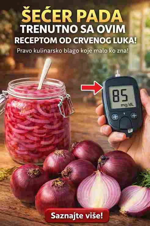 Potrebni sastojci: 2 srednje glavice crvenog luka (po mogućnosti organskog) 500 ml filtrirane vode 1 štapić cimeta (opcionalno, za dodatnu regulaciju šećera) Postupak pripreme: Luk očistite i narežite na četvrtine ili deblje kriške. Stavite luk u staklenu posudu i prelijte ga vodom sobne temperature. Dodajte štapić cimeta i poklopite posudu. Ostavite da odstoji na tamnom i hladnom mjestu (ne u frižideru) najmanje 8 do 12 sati, idealno preko noći. Sutradan procijedite tečnost i pijte po jednu malu čašu (oko 100 ml) pola sata prije glavnih obroka. Važne preporuke i savjeti Iako je ovaj recept izuzetno koristan, on ne može zamijeniti medicinsku terapiju. Najbolje rezultate daje kada se kombinuje sa ishranom bogatom vlaknima i redovnom fizičkom aktivnošću. Napomena: Ako već koristite lijekove za dijabetes (poput insulina ili metformina), obavezno se posavjetujte sa svojim ljekarom prije uvođenja ovog recepta u svakodnevnu rutinu kako biste izbjegli prevelik pad šećera (hipoglikemiju).
