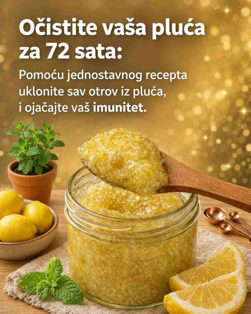 Ovaj prirodni eliksir temelji se na kombinaciji tri snažna sastojka – luka, kurkume i đumbira – koji su poznati po svojim blagotvornim učincima na respiratorni sistem. Napitak može pomoći u razrjeđivanju sluzi, olakšavanju disanja i jačanju imuniteta, posebno tokom sezona prehlade i zagađenja zraka. 🧪 Ključni sastojci i njihova uloga Crni luk – djeluje kao prirodni ekspektorans, pomaže u čišćenju sluzi iz disajnih puteva Kurkuma – snažno protuupalno sredstvo koje podržava zdravlje pluća Đumbir – poboljšava cirkulaciju i olakšava disanje zahvaljujući svojim antioksidativnim svojstvima 🛒 Potrebni sastojci 400 g crnog luka (očišćenog i isjeckanog) 1 litar vode 400 g šećera (ili zdravija opcija: med ili javorov sirup) 2 kašičice kurkume (u prahu ili svježe naribane) Korijen đumbira (veličine palca, nariban ili sitno sjeckan) 👨‍🍳 Uputstvo za pripremu 1. Priprema baze: Ako koristite šećer: zagrijte ga na srednjoj temperaturi dok se ne počne karamelizirati, zatim pažljivo dodajte vodu. Ako koristite med ili javorov sirup: zagrijte samo vodu, a zaslađivač dodajte kasnije. 2. Dodavanje sastojaka: U zagrijanu vodu dodajte luk i đumbir, te pustite da smjesa proključa. 3. Kuhanje: Dodajte kurkumu, smanjite temperaturu i kuhajte na laganoj vatri dok se količina tekućine ne smanji za približno polovinu. 4. Hlađenje i cijeđenje: Skinite sa šporeta, ostavite da se malo ohladi, zatim procijedite u staklenu posudu. Ako koristite med – dodajte ga sada. 5. Čuvanje: Nakon potpunog hlađenja, čuvajte eliksir u frižideru. 🕒 Kako koristiti (doziranje) Za optimalan efekat tokom 72 sata: Ujutro: 2 supene kašike na prazan želudac Uveče: 2 supene kašike, najmanje 2 sata nakon večere 💡 Dodatni savjeti za bolje rezultate Izbjegavajte mliječne proizvode jer mogu povećati stvaranje sluzi Pijte dovoljno vode kako biste podržali detoksikaciju organizma Praktikujte inhalaciju parom (npr. eukaliptus ili menta) 10–15 minuta dnevno