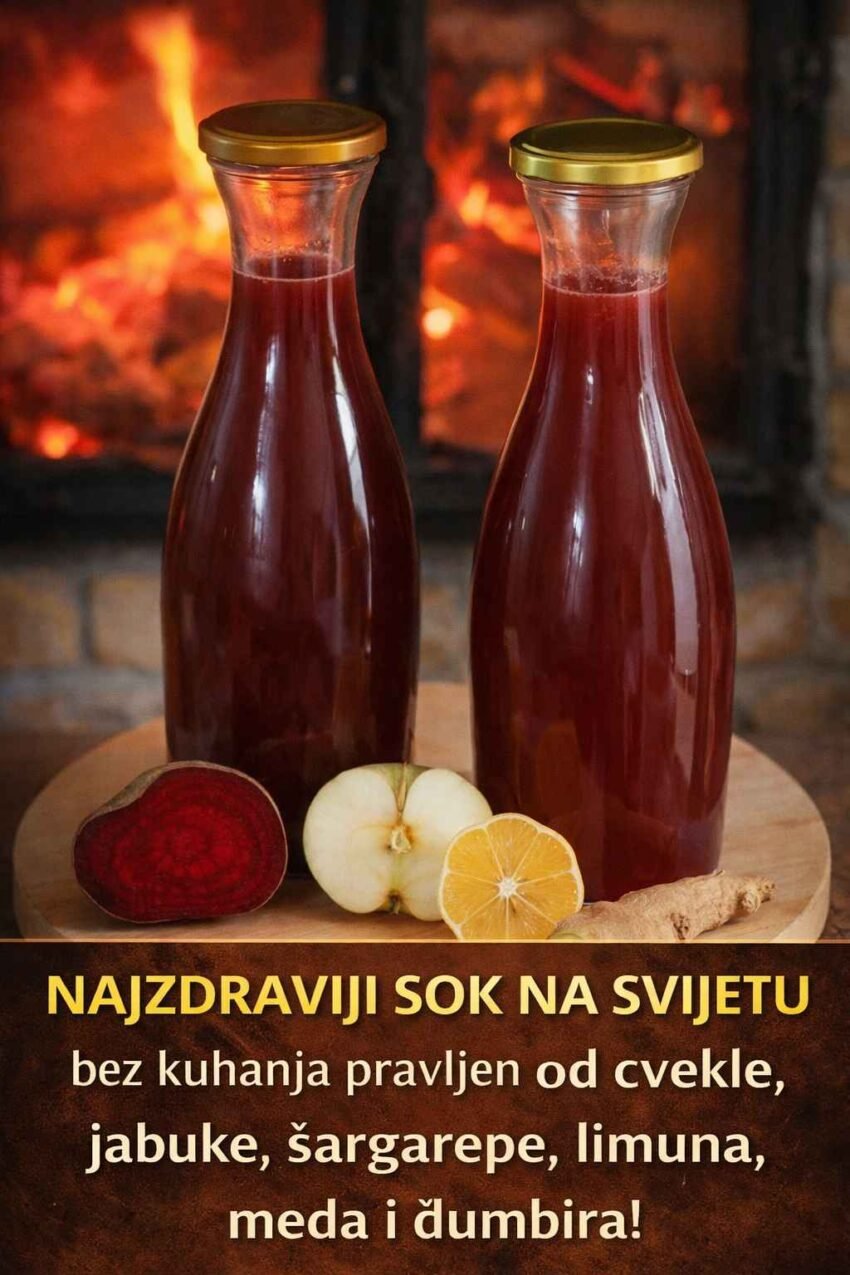 – 4 veća limuna (ako neamju puno soka u sebi onda stavite 6 limuna) – 3 – 4 velike jabuke – 1 kg. cvekle – 1 kg. šargarepe – malo đumbira (po ukusu) – 1 tegla meda (700 gr) ali može se zasladiti po ukusu – 2 litre vode Jabuke i povrće ogulite i izrendajte, rukama izgnječite pa nalijte vodu. Prekrijte i ostavite da stoji 10 – 24 sata na hladnom mestu ili u frižideru. Uz pomoć gaze ili pamućne pelene iscedite sok. Dodajte med, isceđen limun, đumbir. Doobro promešajte i sipajte u flaše. Popijte u roku od sedam dana jer ne bi trebalo da stoji dugo zbog kvariljvosti. Ovaj napitak treba svaki dan piti, ja praktikujem čašu svako jutro. Već posle prve ture osećaćete se bolje, zdravije, puni energije i volje. Prijatno i u zdravlje!